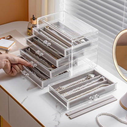 YUFONG Necklace Holder Organizer, Dustproof Necklace Box Velvet Necklace Organizer Box with Lid Clear Acrylic Dustproof Stackable Jewelry Displays for Necklaces Chain Display (Gray, 5 Drawer)