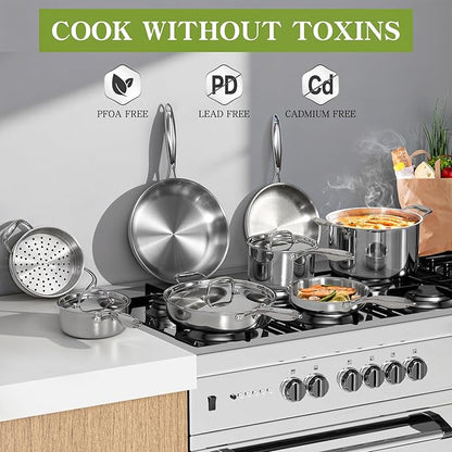 Triple Ply Stainless Steel Pots and Pans Set, EWFEN 12 Piece Induction Cookware Set, Oven Dishwasher Safe | Frying Pans, Saucepans, Saute Pan & Stock Pot, PFOA Free Kitchen Skillet