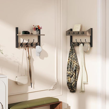 YMYNY 31.5" Coat Rack Wall Mount with Shelf, 4 in 1 Key and Coat Hanger with 12 Metal Hooks, Wall Shelf with Hooks & Mail Holder for Living Room, Bedroom, Silver Gray, HWS007Y-2