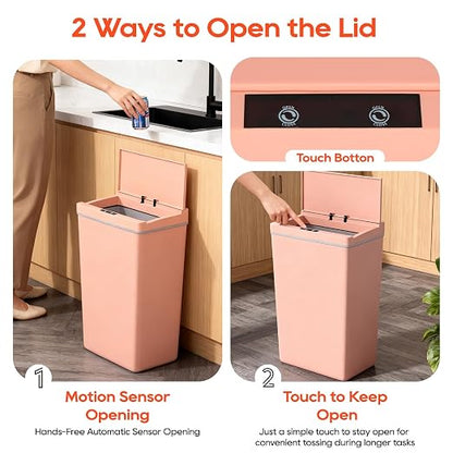 BestOffice 13 Gallon Trash Can Automatic Kitchen Trash Can Touch Free High-Capacity Garbage Can with Lid for Bedroom Bathroom Home Office 50 Liter (Black, 1) (1, Pink)