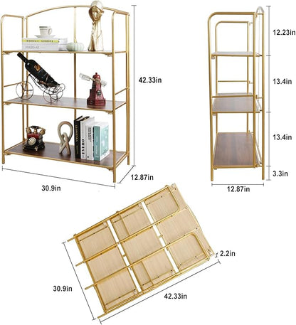 Crofy No Assembly Folding Bookshelf for Living Room, 3 Tier Gold Collapsible Book Shelf for Home Office, Portable Bookcase Storage Organizer