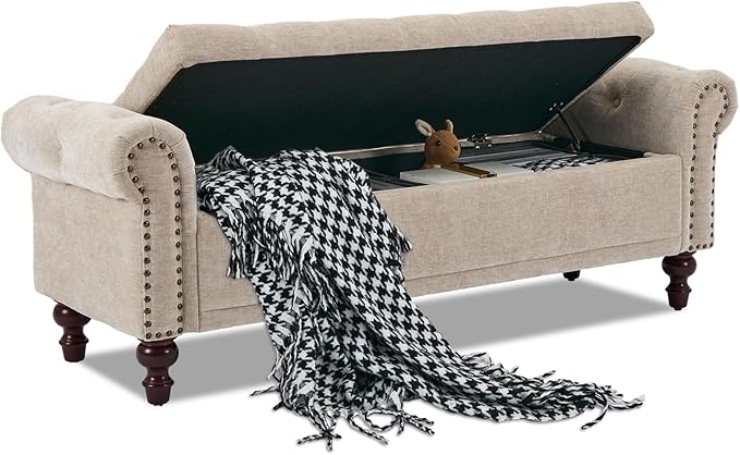 58.1" Storage Bench Upholstered Chenille End of Bedroom Bed Bench Ottoman with Tufted Cushioned Rolled Arm Large Storage Space for Reading Living Room Entryway, Light Brown