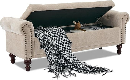 58.1" Storage Bench Upholstered Chenille End of Bedroom Bed Bench Ottoman with Tufted Cushioned Rolled Arm Large Storage Space for Reading Living Room Entryway, Light Brown