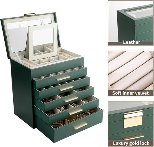 BOOVO Jewelry Box for Women, Green 6 Layer Large Jewelry Organizer with Glass Lid for Necklace, Bracelet, Earrings Storage, Jewelry Organizers and Storage for Girls Gift (Green and Gold, 6 layer)