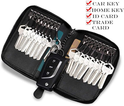 BAKUN Large Zipper Leather Car Key Case, Key Holder Key Organizer Wallet, With 16 Hooks(Brown)
