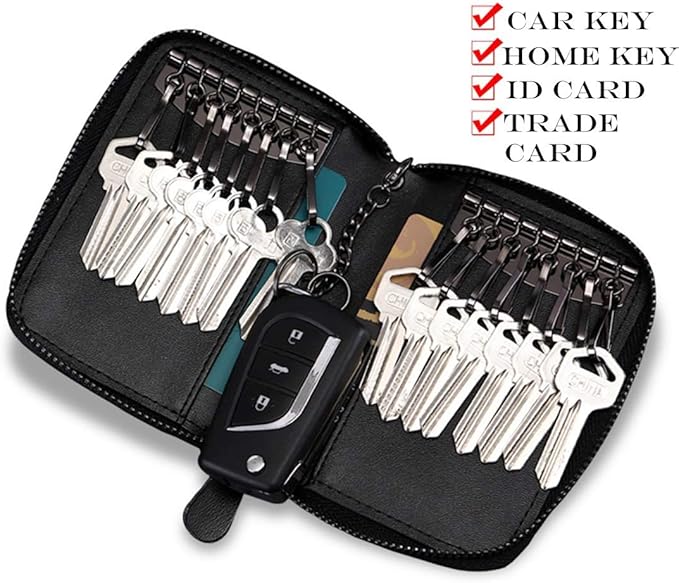 BAKUN Large Zipper Leather Car Key Case, Key Holder Key Organizer Wallet, With 16 Hooks(Black)