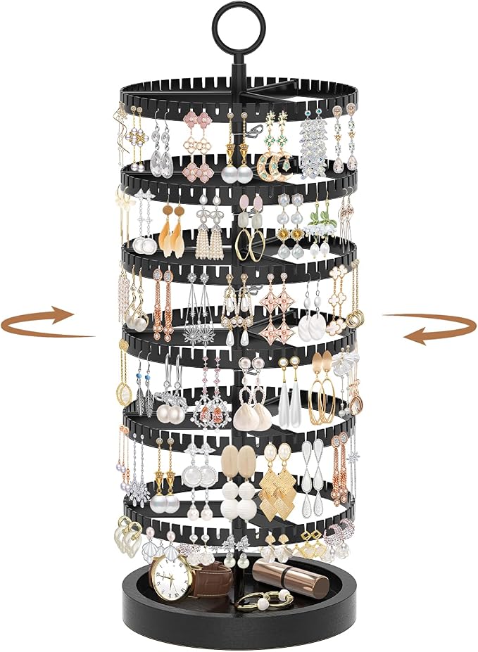 iDavosic.ly 6 Tier Rotating Earring Holder Organizer with Wooden Tray, Large Dangle Display Stands Tree with 342 Plastic Grooves, Adjustable Hoop Storage Rack, Space Saving Tower, Black