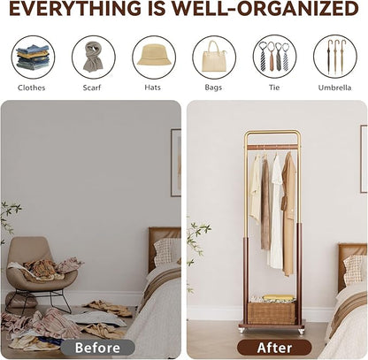 Clothes Rack Solid Wood Coat Rack, Metal and Solid Wood Combination Clothing Rack with Wheels for Entryway, Bedroom, Living Room, Coat Racks Freestanding for Hanging Clothes Garment Scarf