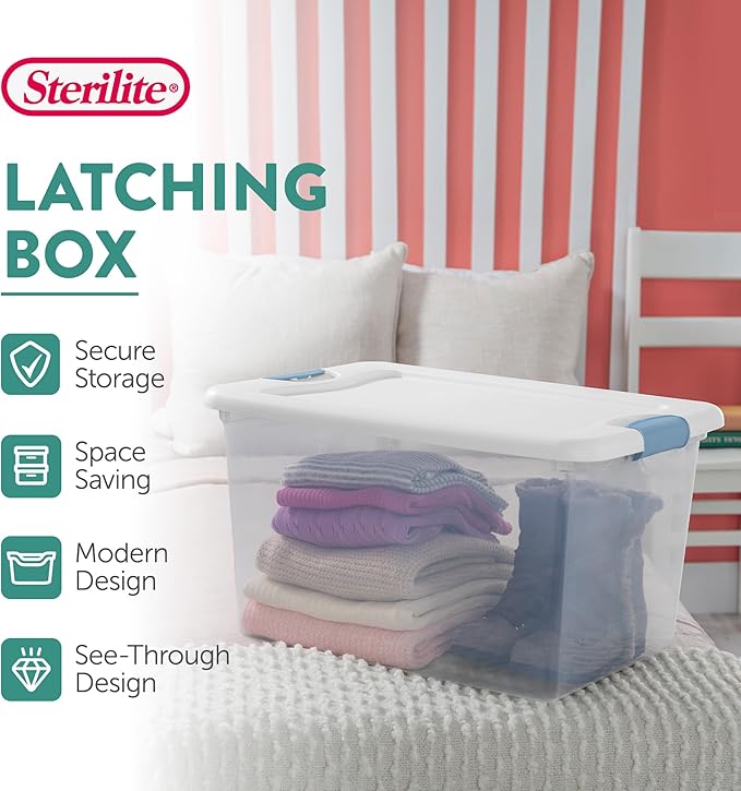 Sterilite 16-Pack Latching Box, Clear Plastic Under Bed Storage Bins with Lids, 64 Quart - Large Stackable Tote Organizer Containers for Closet, Bedroom, Bathroom, and Office Organization