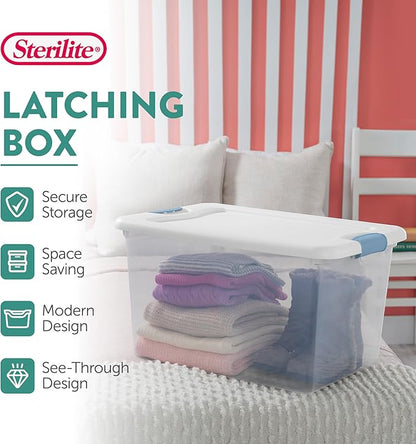 Sterilite 16-Pack Latching Box, Clear Plastic Under Bed Storage Bins with Lids, 64 Quart - Large Stackable Tote Organizer Containers for Closet, Bedroom, Bathroom, and Office Organization
