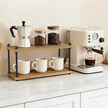 Mkono Coffee Station Organizer Wooden Mug Holder for Countertop Cup and Mug Shelf for Coffee Bar Accessories Rustic Matcha Stand 2 Tier Storage and Display Rack for Tea Cups Kitchen Office