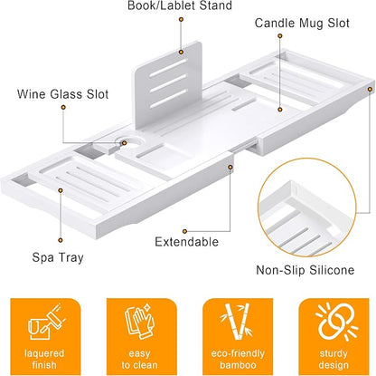 Bathtub Tray Caddy,Premium Bamboo Expandable Bath Tub Trays Table, Foldable Bathroom Accessories,Great House Warming, Anniversary and Birthday Gifts,White
