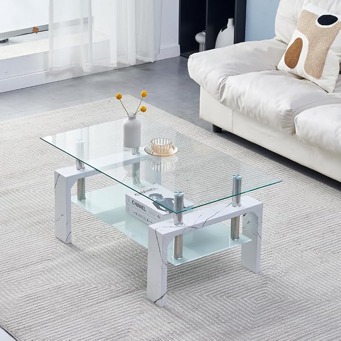 Btrpily Living Room Rectangle Coffee Table, Tea Table Suitable for Waiting Room, Modern Side Coffee Table with Wooden Leg, Glass Tabletop with Lower Shelf, Marble