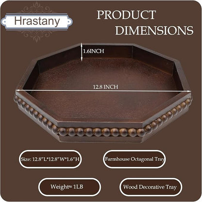 Hrastany Retro Brown Octagonal Wood Decorative Tray, Small Farmhouse Wooden Serving Tray with Beads, Versatile Coffee Table Tray for Kitchen Counter, Ottoman, Living Room