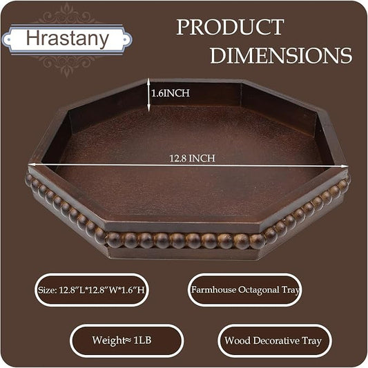 Hrastany Retro Brown Octagonal Wood Decorative Tray, Small Farmhouse Wooden Serving Tray with Beads, Versatile Coffee Table Tray for Kitchen Counter, Ottoman, Living Room