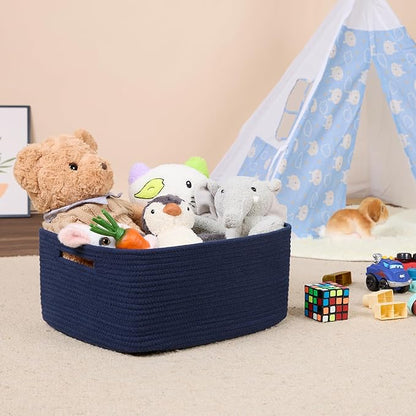 MiniArk Large Storage Baskets for Shelves, Closet Organizers Bins for Clothes Blanket Towels, Baby Nursery, Toy Baskets Box, Woven Rope Baskets, 17 x 13 x 7.5”, 3 Packs Navy Blue