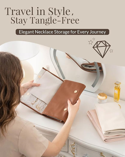 Lolalet Travel Necklace Organizer, Tangle-Free Necklace Case for Travel, Foldable Roll Up Jewelry Storage Bag for Necklaces Chains Bracelets, Caramel, 18 Slots Holder