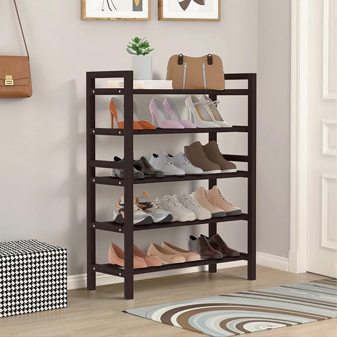 Haddockway Bamboo Shoe Rack for Closet, Free Standing Shoe Organizer with Smooth Round Rods & Convenient Handles, Stackable Shoe Storage Shelf for Entryway, Hallway(Brown, 5-Tier(Small))