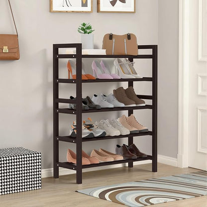 Haddockway Bamboo Shoe Rack for Closet, Free Standing Shoe Organizer with Smooth Round Rods & Convenient Handles, Stackable Shoe Storage Shelf for Entryway, Hallway(Brown, 5-Tier(Small))