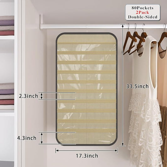 2 Pack Hanging Jewelry Organizer 80-Pocket Dual-sided Jewelry Storage for Earring Necklace Bracelet Ring Travel Holder, Black and Beige
