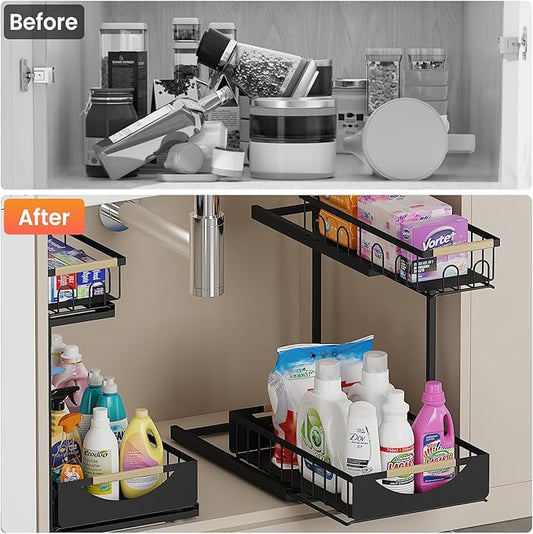 2 Pack 2 Tier Under Sink Organizer and Storage for Bathroom and Kitchen - Under Cabinet Pull Out Shelf Organizers - Sliding Out Drawer Organization for Home Cabinets Shelves and Drawers