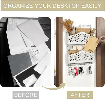 Key and Mail Holder for Wall, 2-Slot Mail Organizer Wall Mount with 5 Key Hooks, Wooden Key Hangers Wall File Organizer Letter Sorter, Key Rack for Entryway and Home Decor,Extra Wide (Extra Large)