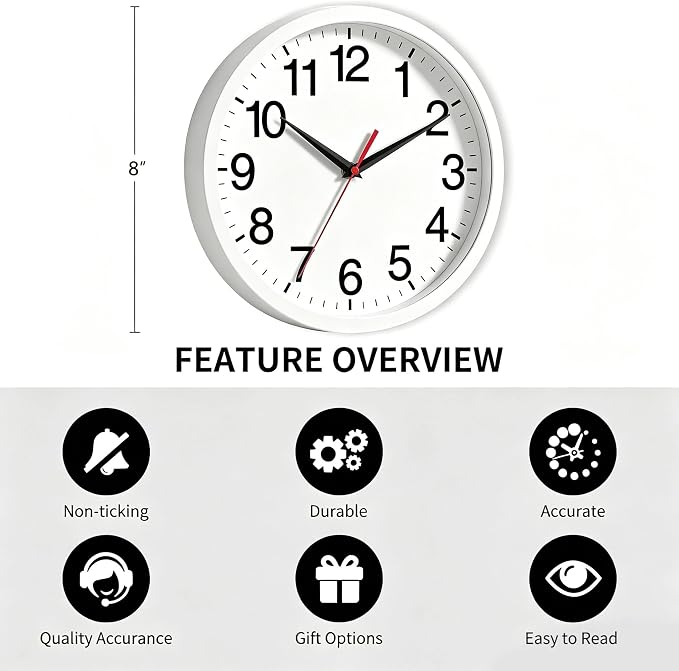 Rohioue Wall Clock Modern 8 Inch Battery Operated Silent Non Ticking Small Analog Clock Decorative for Bedroom Kitchen Bathroom Office Home (White)