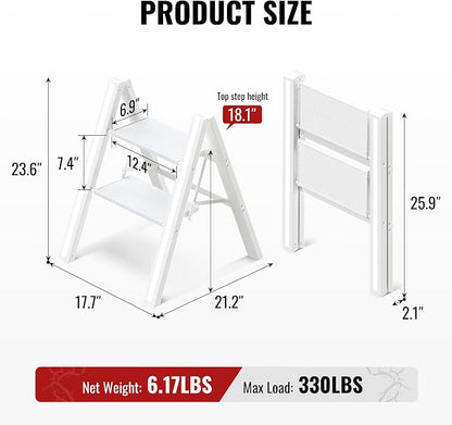 2 Step Ladder, Aluminum Folding 2 Step Stool with Anti-Slip Sturdy and Wide Pedal, Lightweight Portable Stepladder for Home and Kitchen Use Space Saving, Cream White, 330 lbs