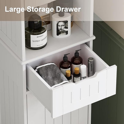 ChooChoo 67" Tall Bathroom Storage Cabinet, Narrow Bathroom Cabinet with 2 Doors and 1 Drawers, Freestanding Cupboard Floor Cabinet with Adjustable Shelves for Living Room, Kitchen, White