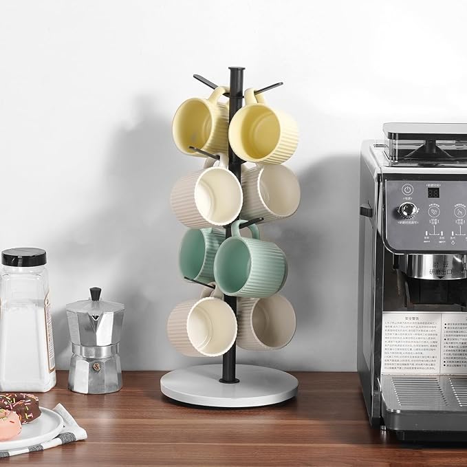 VEVOR Mug Holder Tree with Marble Base, 8 Hooks Coffee Cup Holder for Counter, Carbon Steel Mug Tree Cup Rack Stand, Upgraded Coffee Cup Tree for Coffee Bar Kitchen Home Organizer