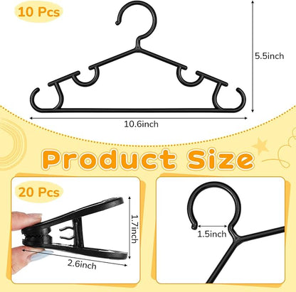 Hsei 5/10/40 Pack Baby Hangers with 10/20/80 Clips, Plastic Kids Pants Hangers for Nursery Closet Top and Bottom Clothes Hanger Set for Newborn Infant Toddler(30 Packs Total,Black,10.6 Inch)