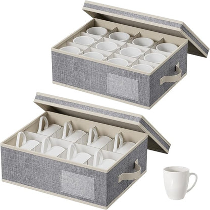 Lifewit 2 Pcs Coffee Mug Storage Box with Dividers, Stackable Cationic Hard Shell Stemware Containers with 24 Cells, Foldable Dustproof China Containers for Moving, Light Grey, 39 x33x14cm