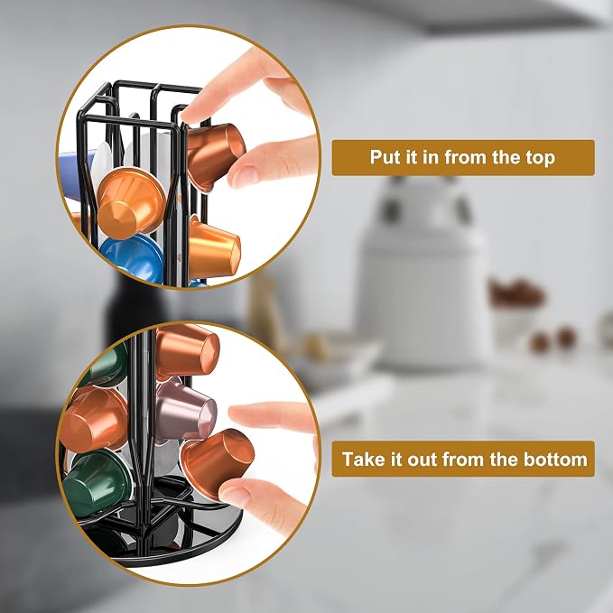 Coffee Pod Holder for Nespresso OriginalLine Capsules, Rotating Carousel Coffee Pods Holder Coffee Station Organizer Countertop Storage Rack -Black/40 Pods Capacity