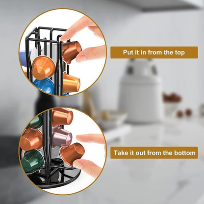 Coffee Pod Holder for Nespresso OriginalLine Capsules, Rotating Carousel Coffee Pods Holder Coffee Station Organizer Countertop Storage Rack -Black/40 Pods Capacity