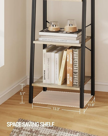 Ladder Shelf, Bookshelf Bookcase, Freestanding Corner Storage Shelve with 2 Hooks for Home Office, Living Room, Kitchen, Bedroom, Industrial, 11.8" D x 13.4" W x 72.8" H, Greige BC13305B