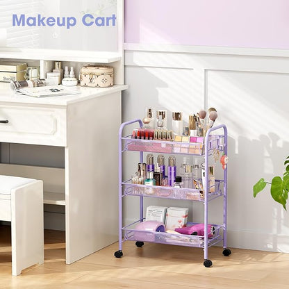 TOOLF 3-Tier Metal Rolling Cart, Mesh Wire Easy Assemble Utility Cart, Storage Trolley on Wheels with 3 Hooks, MetalStorage Shelving Units for Kitchen Bathroom Laundry Room