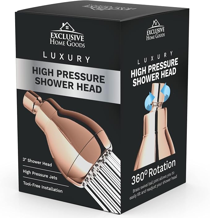 High Pressure Shower Head - Powerful Deluxe Bathroom Showerhead with Strong Spray Stream and Small Silicone Nozzles - Universal Fit Works with High and Low Water Flow Showers 1.8 GPM - Rose Gold