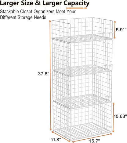 Yociyoga 4 Tier Stackable Closet Organizers and Storage Shelves, Foldable Closet Shelf Organizer System, Stackable Storage Bins Drawers for Clothes Organizer System, White（Patent No. 30022416）