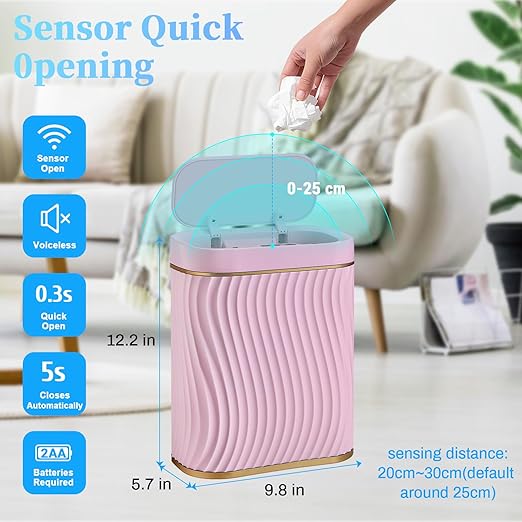 Bathroom Small Trash Can with Automatic Touchless Lid, 2.6 Gallon Smart Garbage Can Narrow Waterproof Trash Bin for Bedroom, Office, Living Room