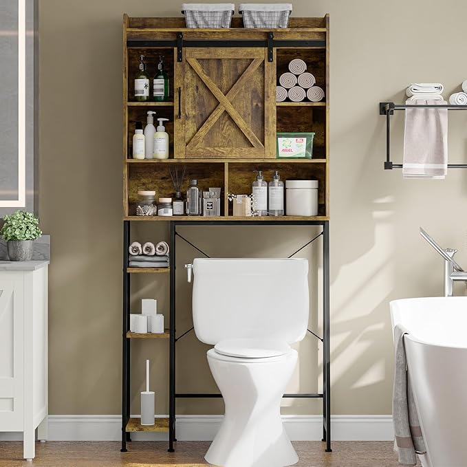 Farmhouse Storage Cabinet Over Toilet with Sliding Door & Toilet Paper Holder Stand, Space-Saving Bathroom Rack
