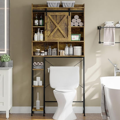 Farmhouse Storage Cabinet Over Toilet with Sliding Door & Toilet Paper Holder Stand, Space-Saving Bathroom Rack