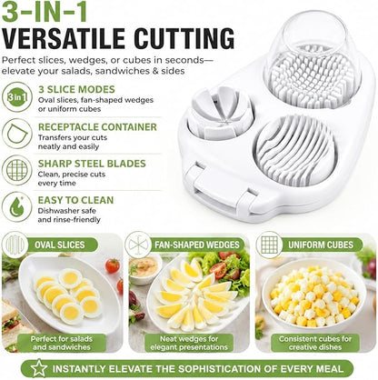 3-in-1 Egg Slicer for Hard Boiled Eggs - Multipurpose Stainless Steel Wire Cutter and Dicer for Strawberries, Mushrooms, and Soft Fruits - Dishwasher Safe Kitchen Tool