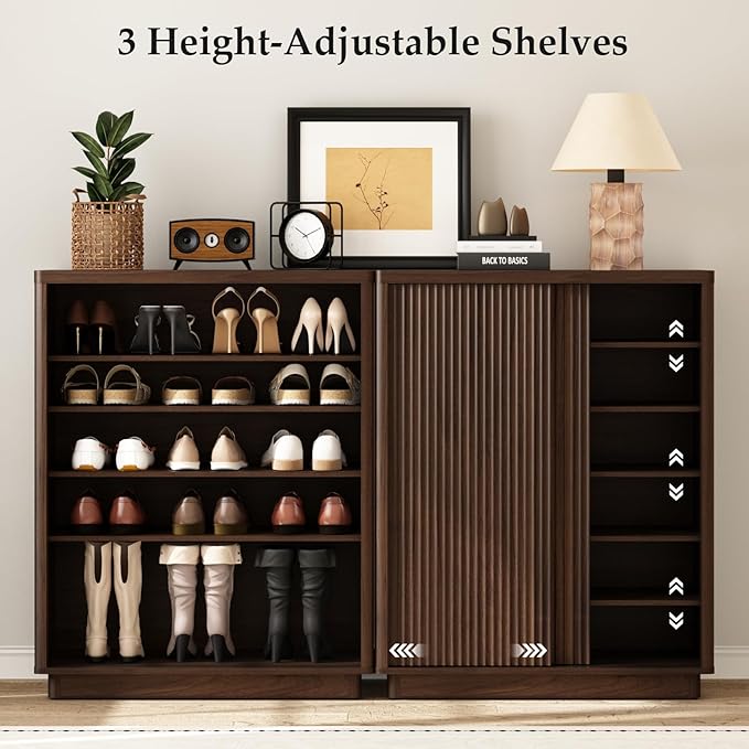 Fluted Shoe Cabinet with Sliding Door Set of 3, 6-Tier Large Hidden Storage Organizer Modern Shoe Rack with Adjustable Shelves, Mid Century Freestanding Wooden Shoe Storage Cabinet for Entryway,Walnut