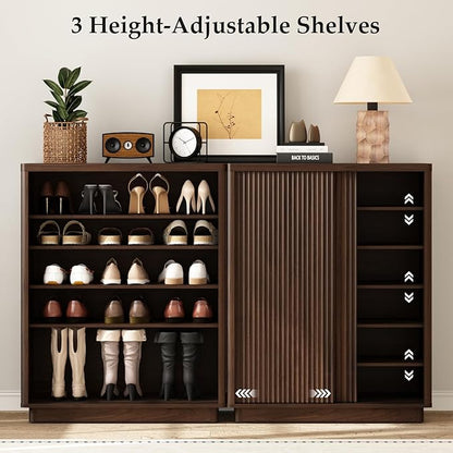 Fluted Shoe Cabinet with Sliding Door Set of 3, 6-Tier Large Hidden Storage Organizer Modern Shoe Rack with Adjustable Shelves, Mid Century Freestanding Wooden Shoe Storage Cabinet for Entryway,Walnut