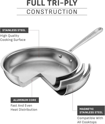 T-Fal Pro Tri-Ply Fry Pan, Stainless Steel Pan 12 inch, Induction Cookware, Oven Safe 500F, Fast & Even Heat, Professional Quality & Durability, Skillet, Cookware, Silver