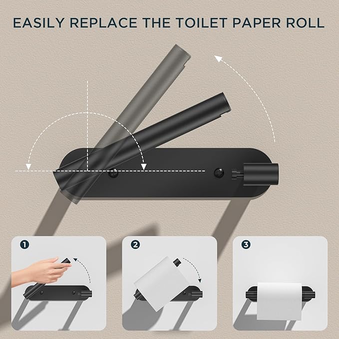 FORIOUS Toilet Paper Holder, Adhesive or Screw Wall Mount Pivoting Tissue Roll Holder for Bathroom, Stainless Steel Rustproof Self Adhesive Toilet Paper Roll Holder no Drilling, Matte Black