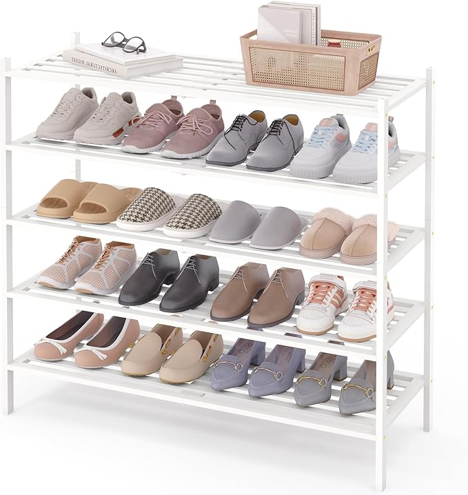 Smiry Long Bamboo Shoe Rack 5-Tier, Stackable Wooden Shoe Organizer for Entryway & Closet, Free Standing Wood Shoe Storage Shelf for Front Door & Small Spaces, White