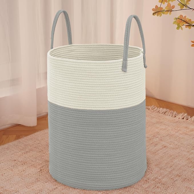 JMvicyroam Large Woven Laundry Basket Hamper,100L Cotton Rope Storage Bin for Blankets,Toys and Clothes,Decorative Tall Nursery Hamper for Living Room,Baby Nursery,Bathroom and Bedroom,White and Grey