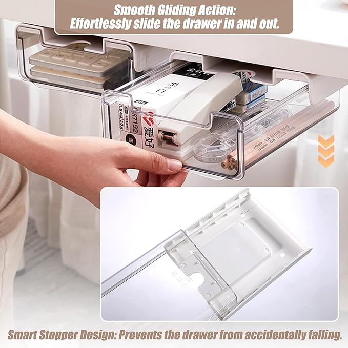 2 Pack Under Desk Storage Drawers Slide Out-Drill-On or Self-Adhesive,Large&Medium Drawer Under Desk Organizer Under Table Drawer for Home Office School Organization and Storage
