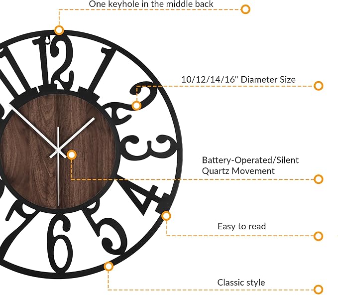 LEIKE 14in Arabic Numeral Wall Clock Battery Operated Black, Silent Non Ticking, Wall Clocks for Living Room Decor, Small Classic for School, Office, Home, Kitchen, Bedroom